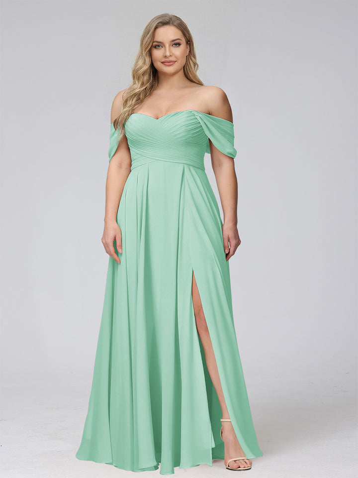 A-Line Off-the-Shoulder Sleeveless Ruched Long Chiffon Plus Size Bridesmaid Dresses with Split Side