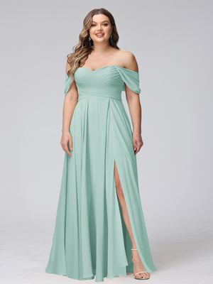 A-Line Off-the-Shoulder Sleeveless Ruched Long Chiffon Plus Size Bridesmaid Dresses with Split Side