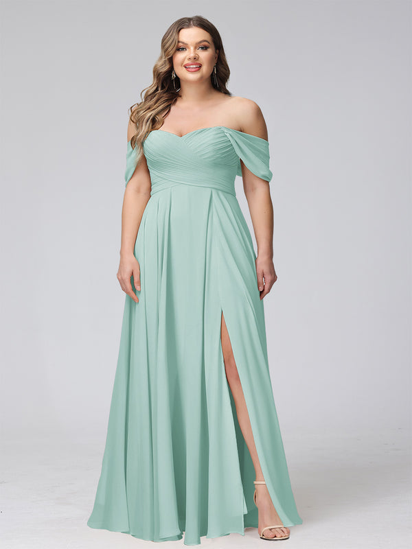 A-Line Off-the-Shoulder Sleeveless Ruched Long Chiffon Plus Size Bridesmaid Dresses with Split Side