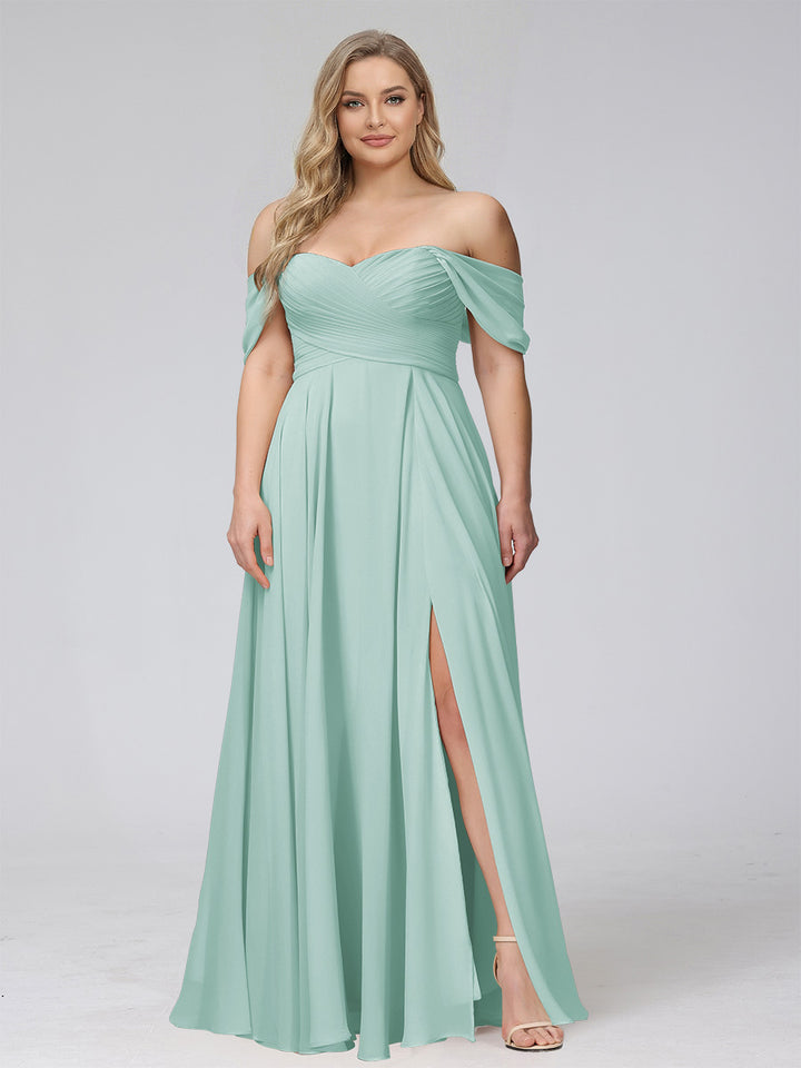 A-Line Off-the-Shoulder Sleeveless Ruched Long Chiffon Plus Size Bridesmaid Dresses with Split Side