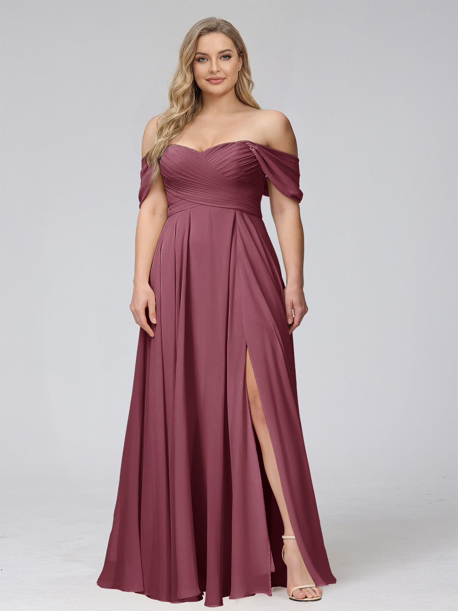 A-Line Off-the-Shoulder Sleeveless Ruched Long Chiffon Plus Size Bridesmaid Dresses with Split Side