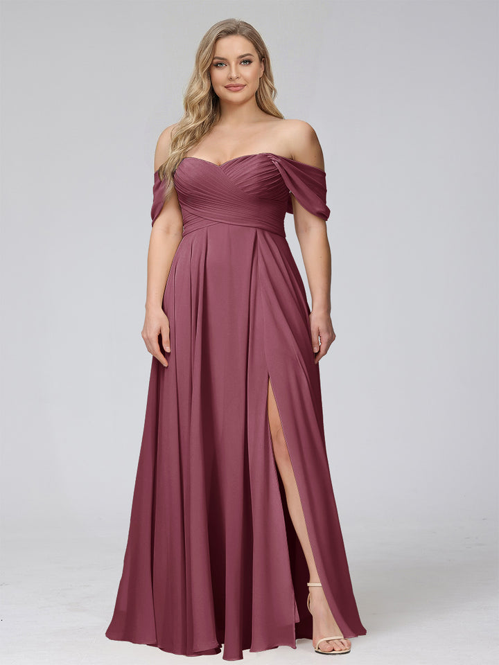A-Line Off-the-Shoulder Sleeveless Ruched Long Chiffon Plus Size Bridesmaid Dresses with Split Side