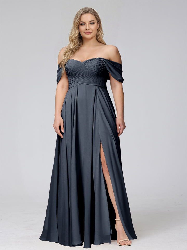 A-Line Off-the-Shoulder Sleeveless Ruched Long Chiffon Plus Size Bridesmaid Dresses with Split Side