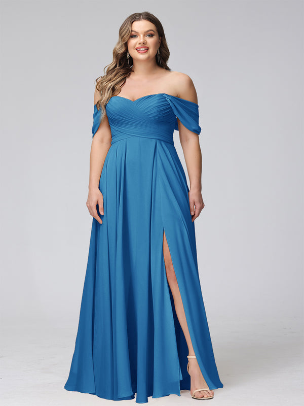 A-Line Off-the-Shoulder Sleeveless Ruched Long Chiffon Plus Size Bridesmaid Dresses with Split Side