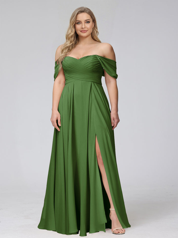 A-Line Off-the-Shoulder Sleeveless Ruched Long Chiffon Plus Size Bridesmaid Dresses with Split Side