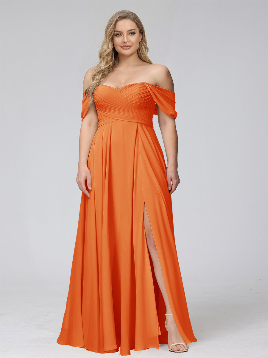 A-Line Off-the-Shoulder Sleeveless Ruched Long Chiffon Plus Size Bridesmaid Dresses with Split Side