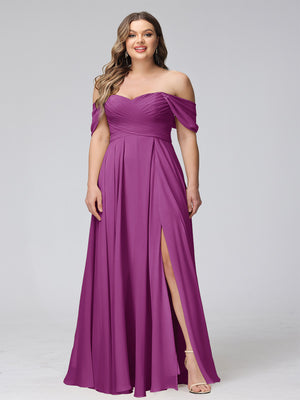 A-Line Off-the-Shoulder Sleeveless Ruched Long Chiffon Plus Size Bridesmaid Dresses with Split Side