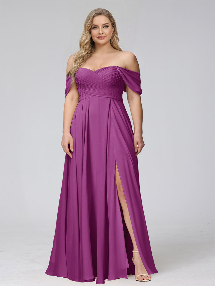 A-Line Off-the-Shoulder Sleeveless Ruched Long Chiffon Plus Size Bridesmaid Dresses with Split Side