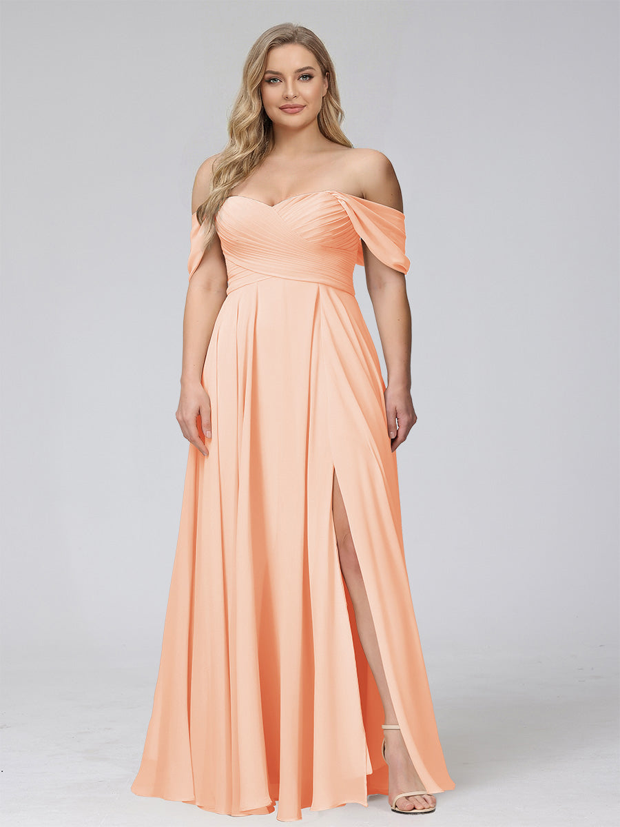 A-Line Off-the-Shoulder Sleeveless Ruched Long Chiffon Plus Size Bridesmaid Dresses with Split Side