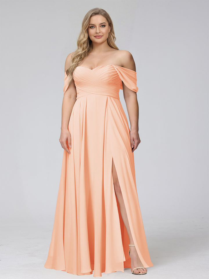 A-Line Off-the-Shoulder Sleeveless Ruched Long Chiffon Plus Size Bridesmaid Dresses with Split Side