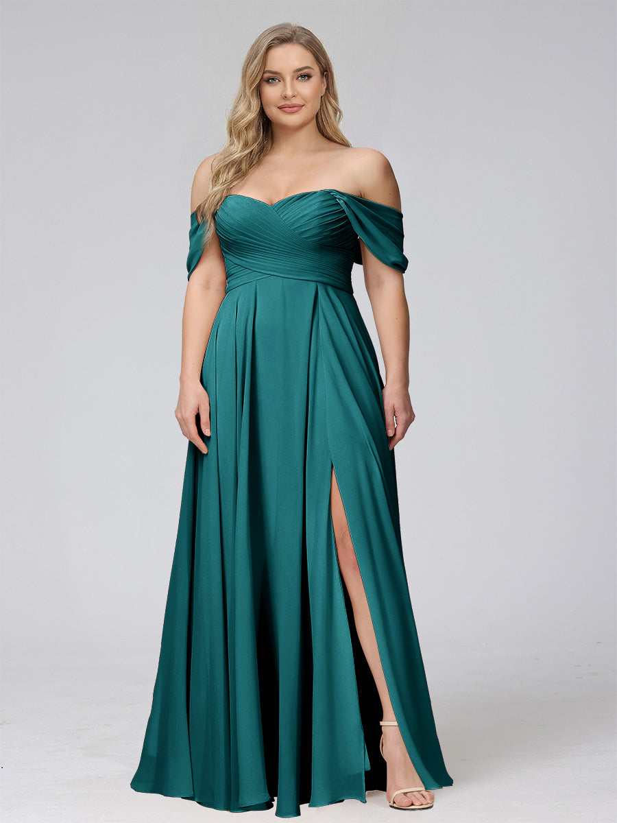 A-Line Off-the-Shoulder Sleeveless Ruched Long Chiffon Plus Size Bridesmaid Dresses with Split Side