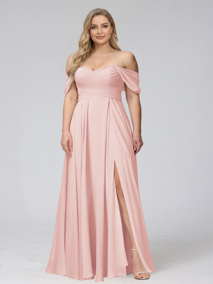 A-Line Off-the-Shoulder Sleeveless Ruched Long Chiffon Plus Size Bridesmaid Dresses with Split Side