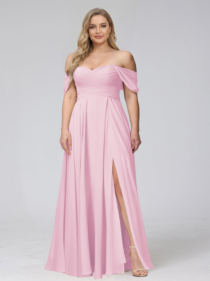 A-Line Off-the-Shoulder Sleeveless Ruched Long Chiffon Plus Size Bridesmaid Dresses with Split Side