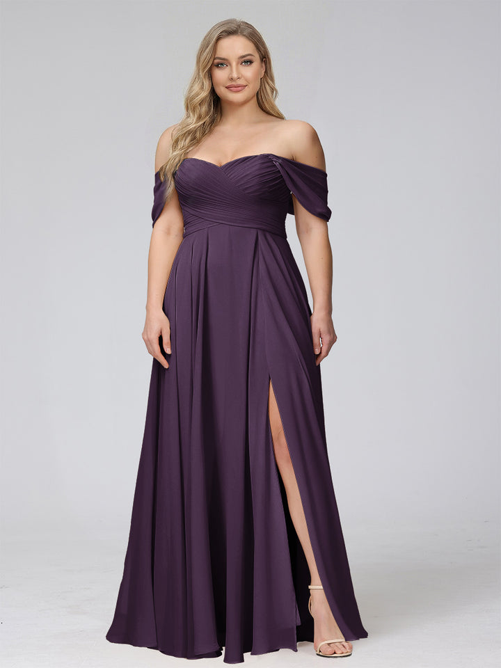 A-Line Off-the-Shoulder Sleeveless Ruched Long Chiffon Plus Size Bridesmaid Dresses with Split Side