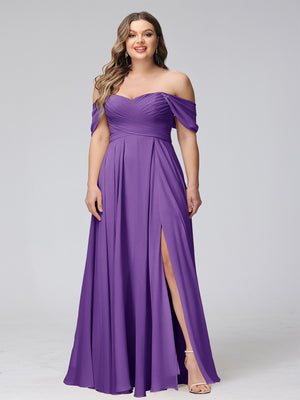 A-Line Off-the-Shoulder Sleeveless Ruched Long Chiffon Plus Size Bridesmaid Dresses with Split Side