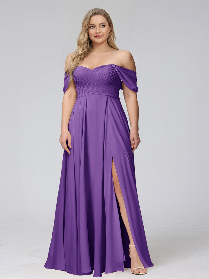 A-Line Off-the-Shoulder Sleeveless Ruched Long Chiffon Plus Size Bridesmaid Dresses with Split Side