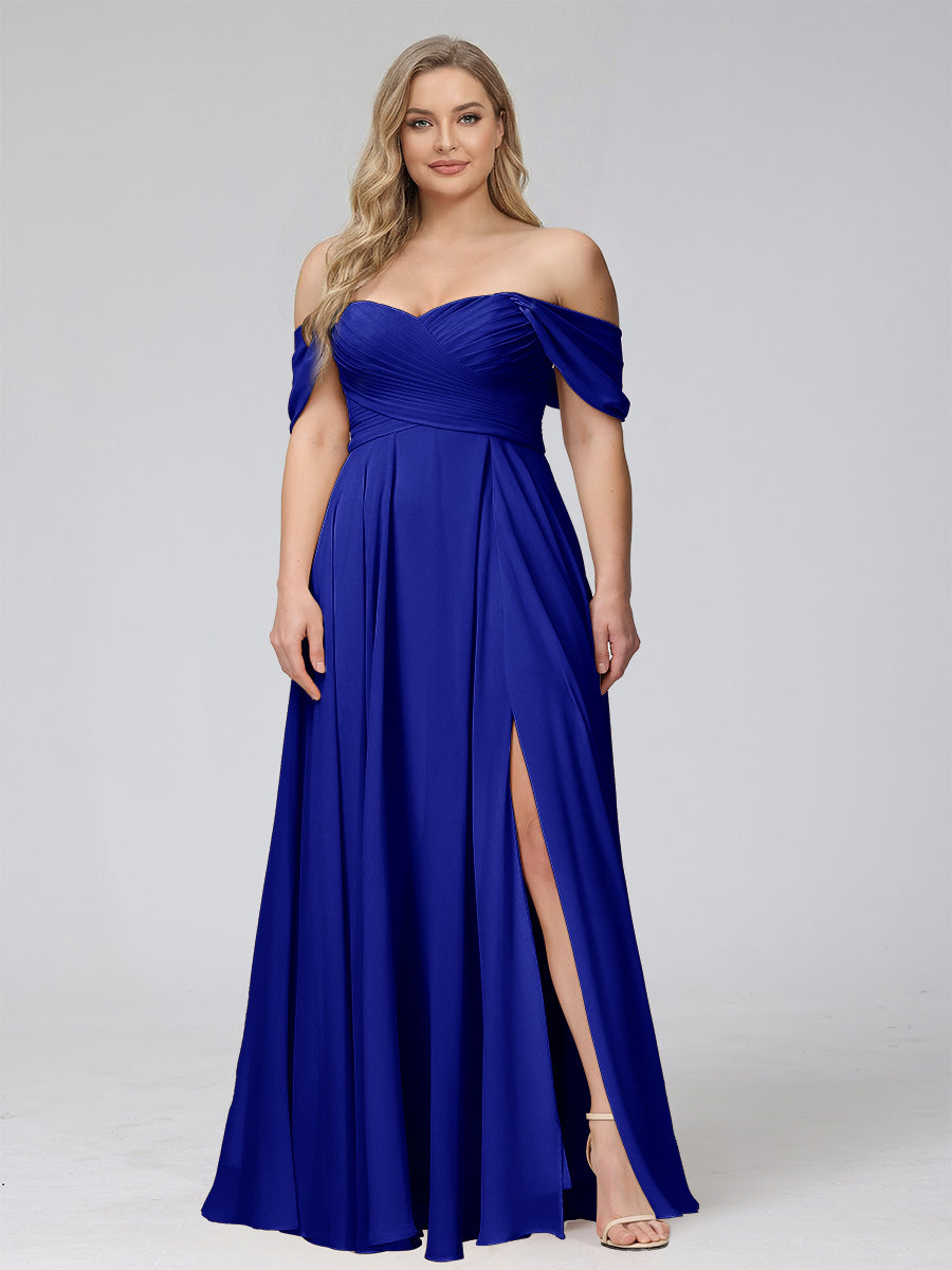A-Line Off-the-Shoulder Sleeveless Ruched Long Chiffon Plus Size Bridesmaid Dresses with Split Side