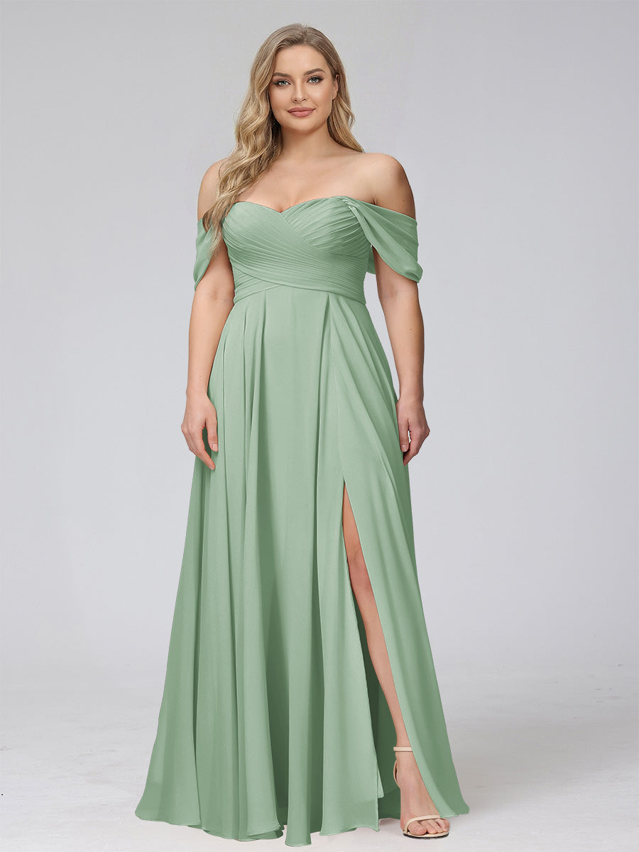 A-Line Off-the-Shoulder Sleeveless Ruched Long Chiffon Plus Size Bridesmaid Dresses with Split Side