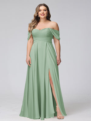 A-Line Off-the-Shoulder Sleeveless Ruched Long Chiffon Plus Size Bridesmaid Dresses with Split Side
