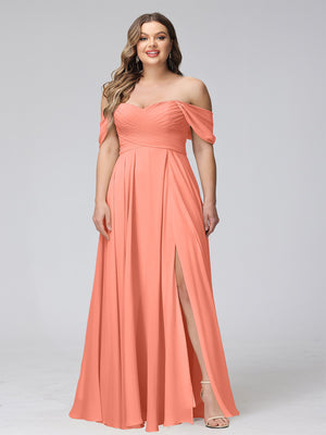 A-Line Off-the-Shoulder Sleeveless Ruched Long Chiffon Plus Size Bridesmaid Dresses with Split Side