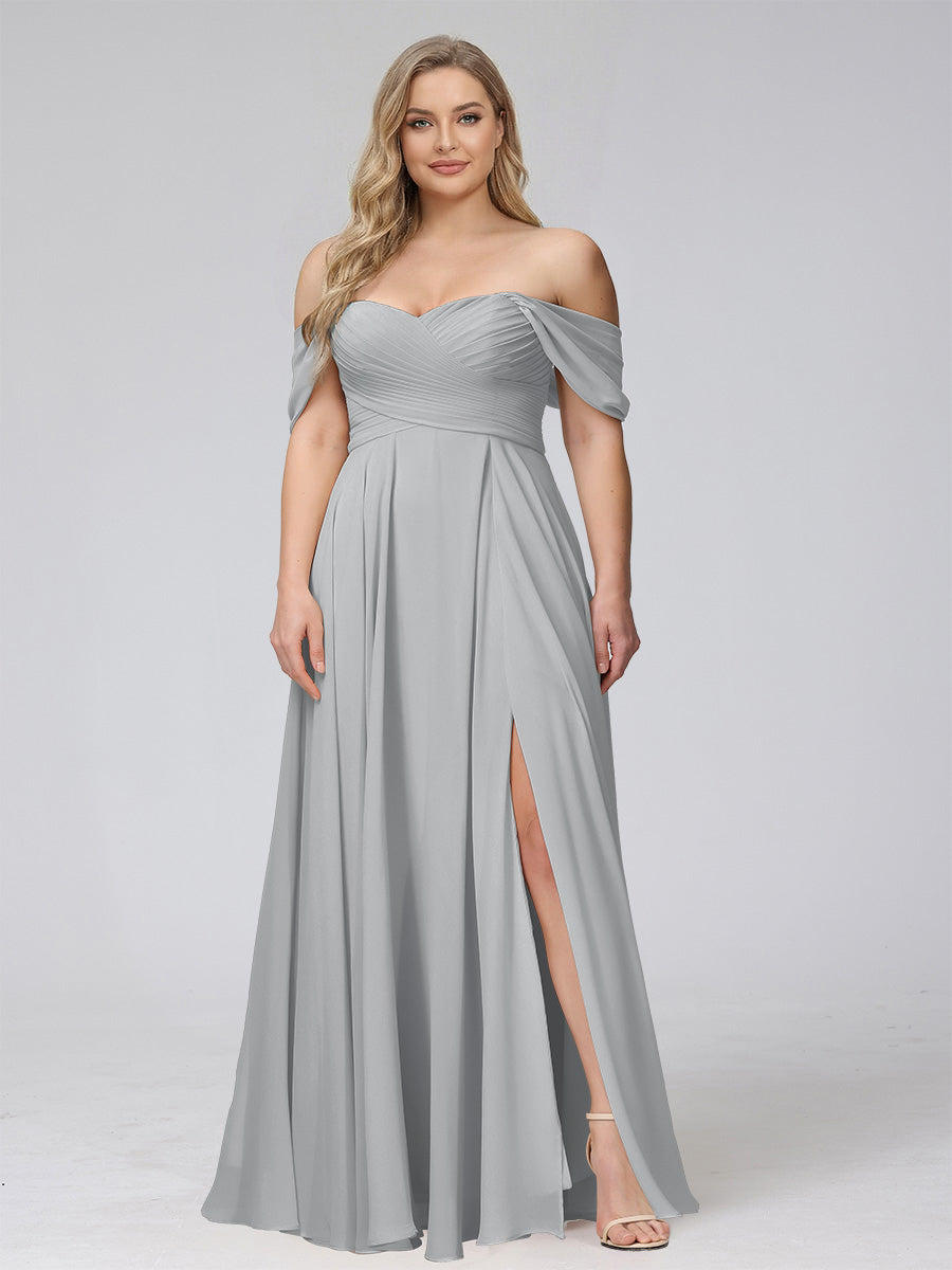 A-Line Off-the-Shoulder Sleeveless Ruched Long Chiffon Plus Size Bridesmaid Dresses with Split Side