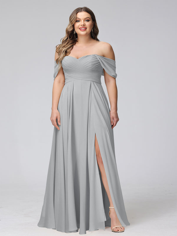 A-Line Off-the-Shoulder Sleeveless Ruched Long Chiffon Plus Size Bridesmaid Dresses with Split Side