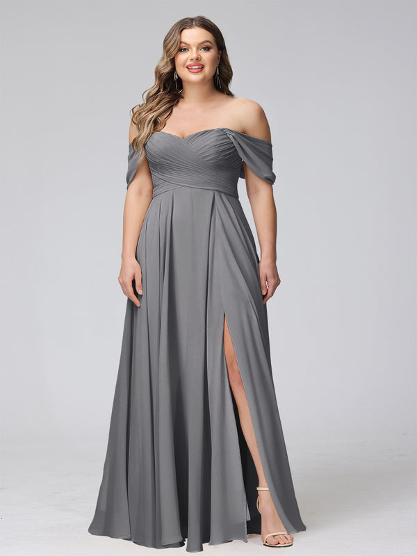 A-Line Off-the-Shoulder Sleeveless Ruched Long Chiffon Plus Size Bridesmaid Dresses with Split Side