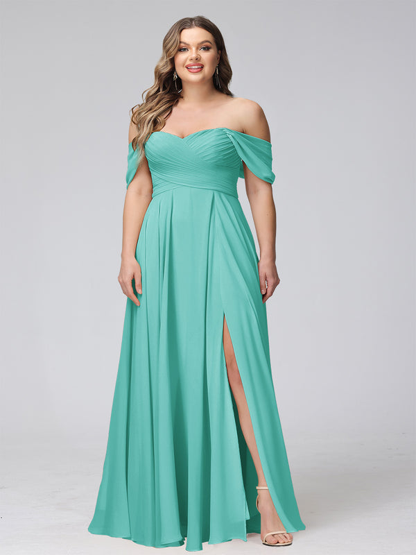 A-Line Off-the-Shoulder Sleeveless Ruched Long Chiffon Plus Size Bridesmaid Dresses with Split Side