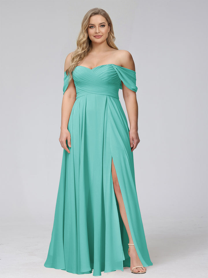 A-Line Off-the-Shoulder Sleeveless Ruched Long Chiffon Plus Size Bridesmaid Dresses with Split Side