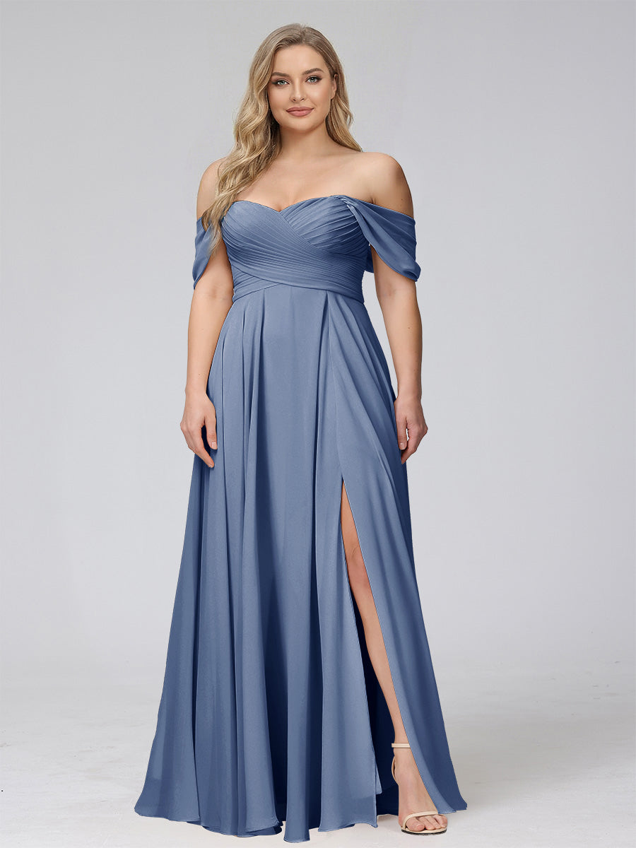 A-Line Off-the-Shoulder Sleeveless Ruched Long Chiffon Plus Size Bridesmaid Dresses with Split Side