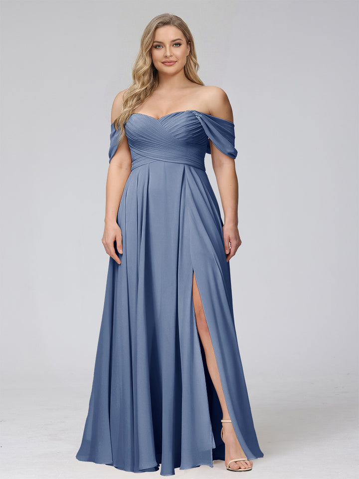 A-Line Off-the-Shoulder Sleeveless Ruched Long Chiffon Plus Size Bridesmaid Dresses with Split Side