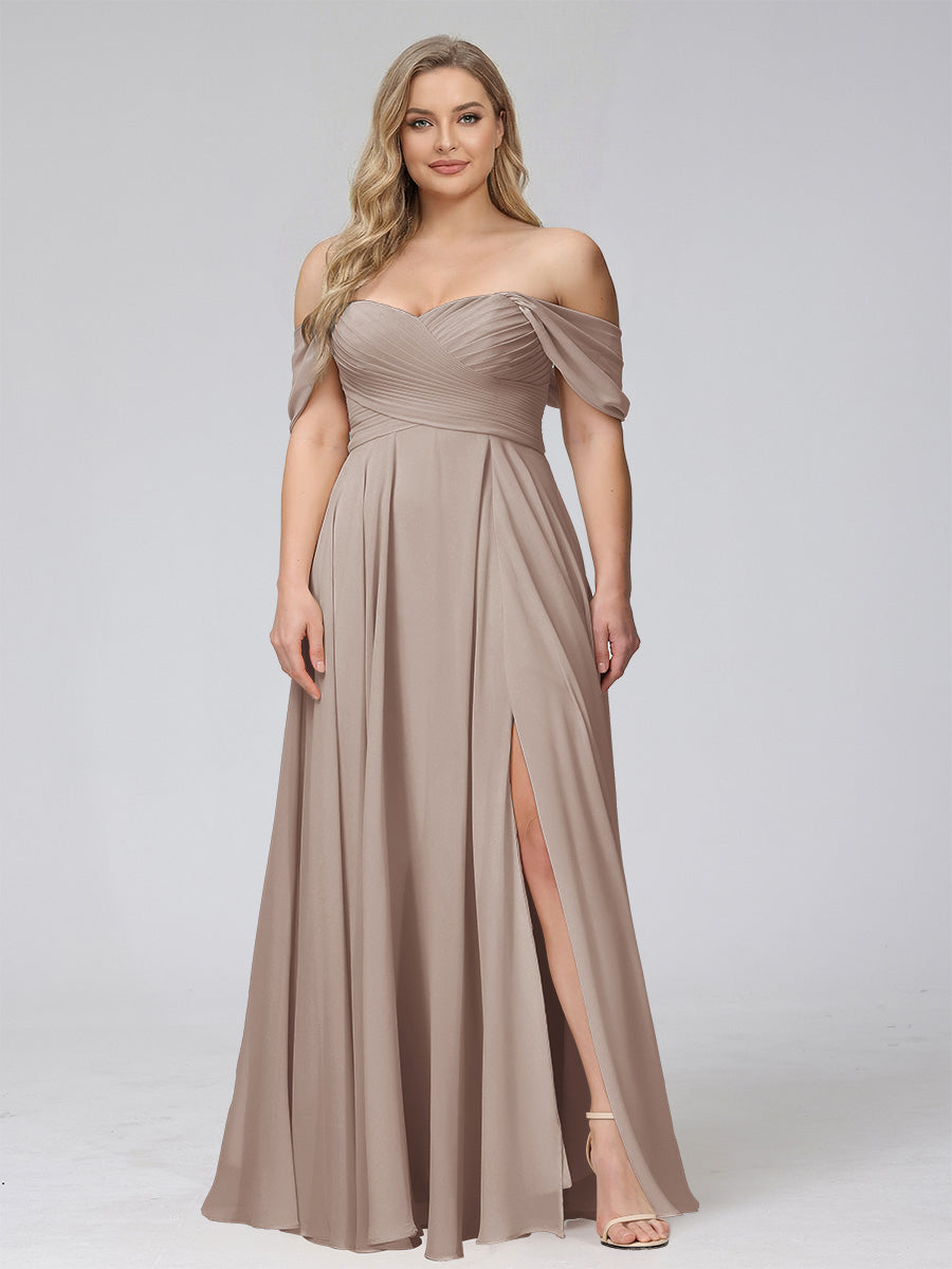 A-Line Off-the-Shoulder Sleeveless Ruched Long Chiffon Plus Size Bridesmaid Dresses with Split Side