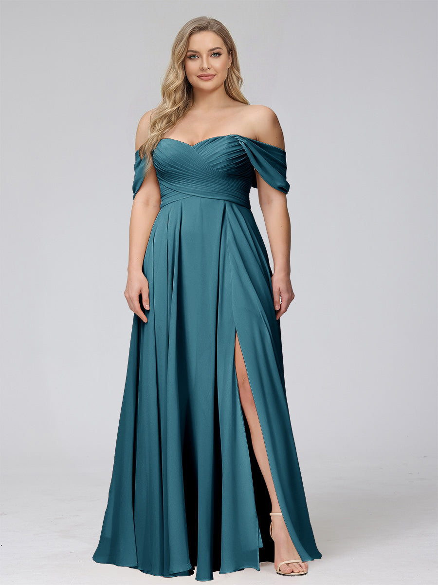 A-Line Off-the-Shoulder Sleeveless Ruched Long Chiffon Plus Size Bridesmaid Dresses with Split Side