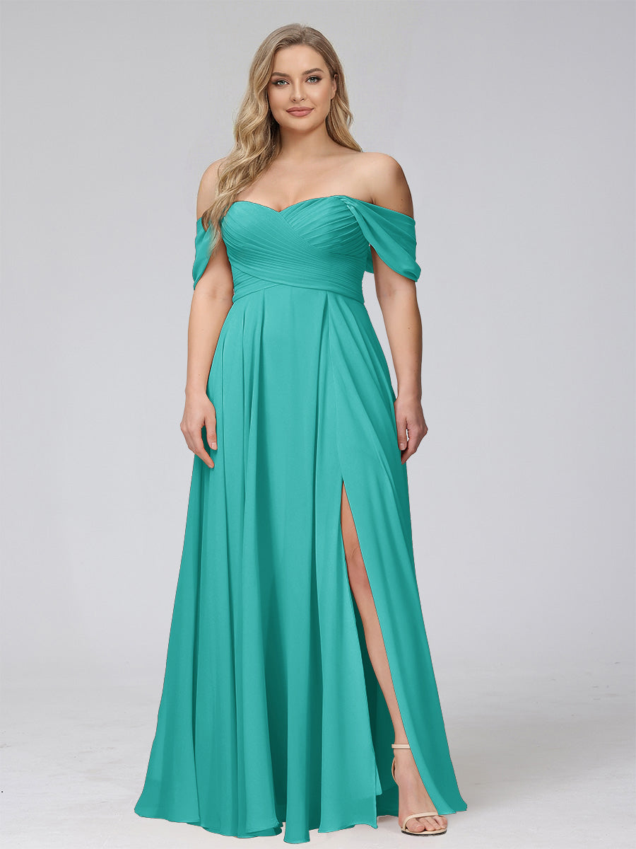 A-Line Off-the-Shoulder Sleeveless Ruched Long Chiffon Plus Size Bridesmaid Dresses with Split Side