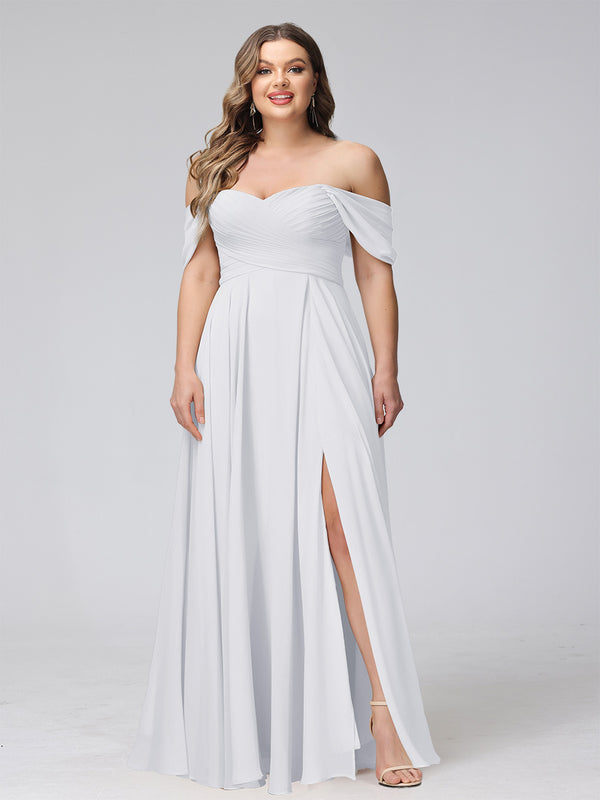A-Line Off-the-Shoulder Sleeveless Ruched Long Chiffon Plus Size Bridesmaid Dresses with Split Side