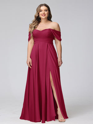 A-Line Off-the-Shoulder Sleeveless Ruched Long Chiffon Plus Size Bridesmaid Dresses with Split Side