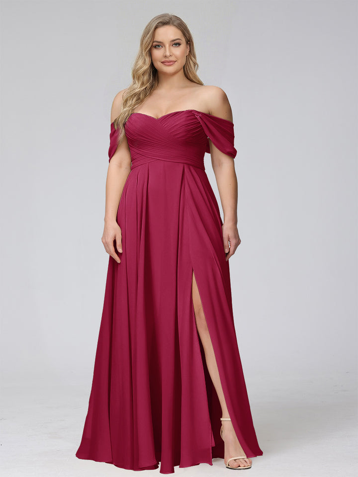 A-Line Off-the-Shoulder Sleeveless Ruched Long Chiffon Plus Size Bridesmaid Dresses with Split Side