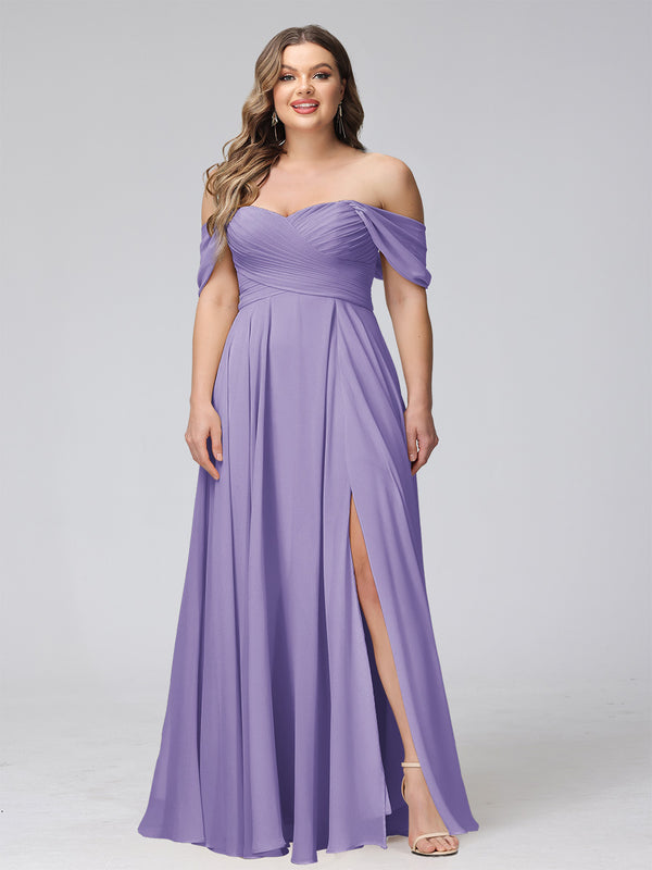 A-Line Off-the-Shoulder Sleeveless Ruched Long Chiffon Plus Size Bridesmaid Dresses with Split Side