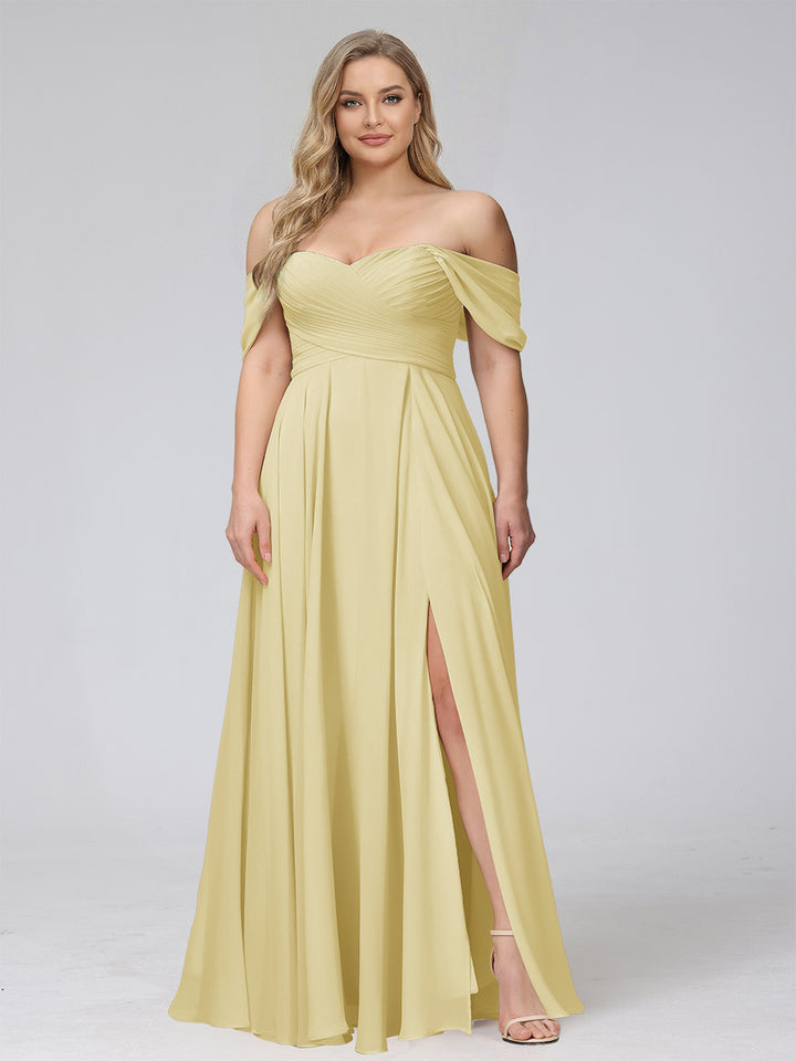 A-Line Off-the-Shoulder Sleeveless Ruched Long Chiffon Plus Size Bridesmaid Dresses with Split Side