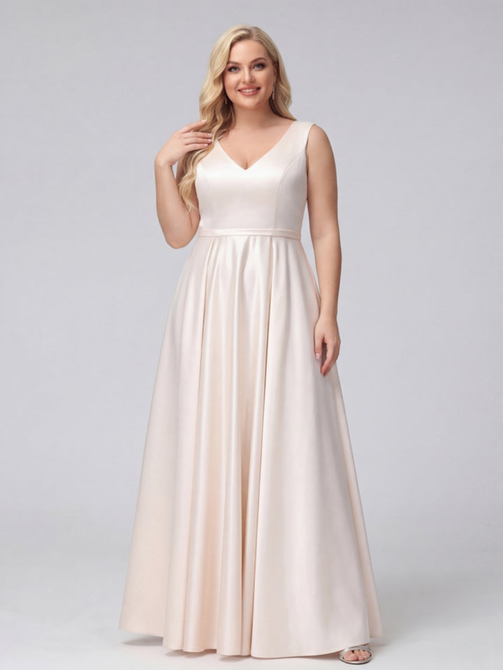 A-Line V-Neck Sleeveless Floor-Length Satin Plus Size Bridesmaid Dresses With Pockets