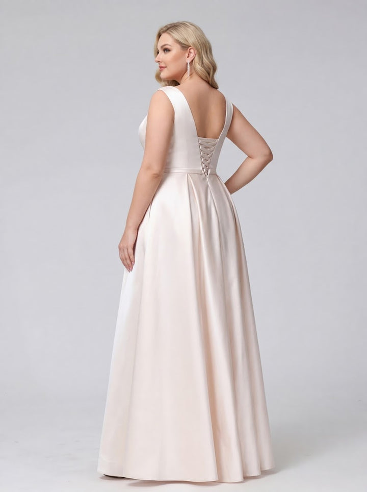 A-Line V-Neck Sleeveless Floor-Length Satin Plus Size Bridesmaid Dresses With Pockets
