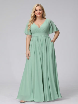 A-Line V-Neck Half Sleeves Long Chiffon Plus Size Bridesmaid Dresses with Ruffles Split Side Pockets