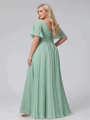 A-Line V-Neck Half Sleeves Long Chiffon Plus Size Bridesmaid Dresses with Ruffles Split Side Pockets