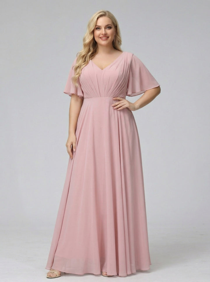 A-Line V-Neck Half Sleeves Long Chiffon Plus Size Bridesmaid Dresses With Ruffles Pockets