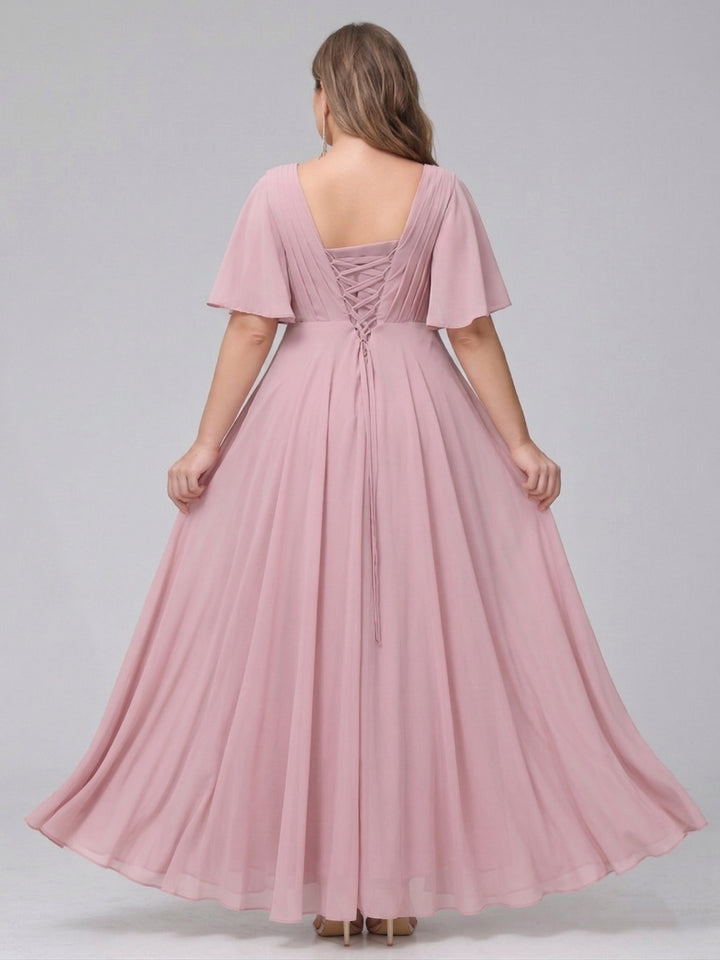 A-Line V-Neck Half Sleeves Long Chiffon Plus Size Bridesmaid Dresses With Ruffles Pockets