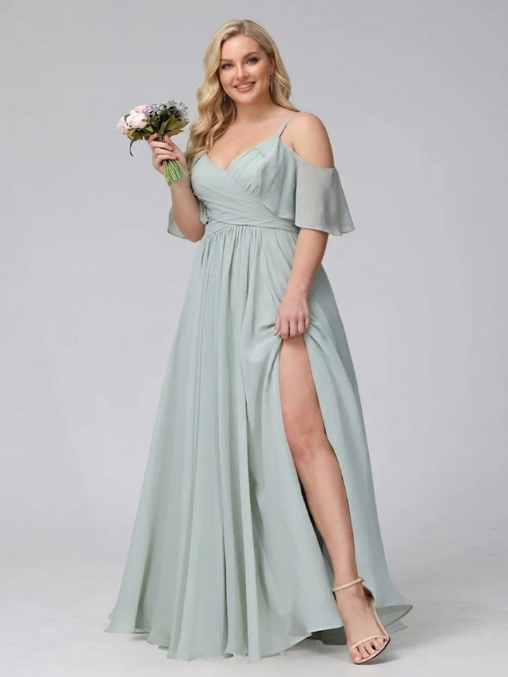 A-Line V-Neck Chiffon Long Plus Size Bridesmaid Dresses With Split Side &amp; Spaghetti Straps