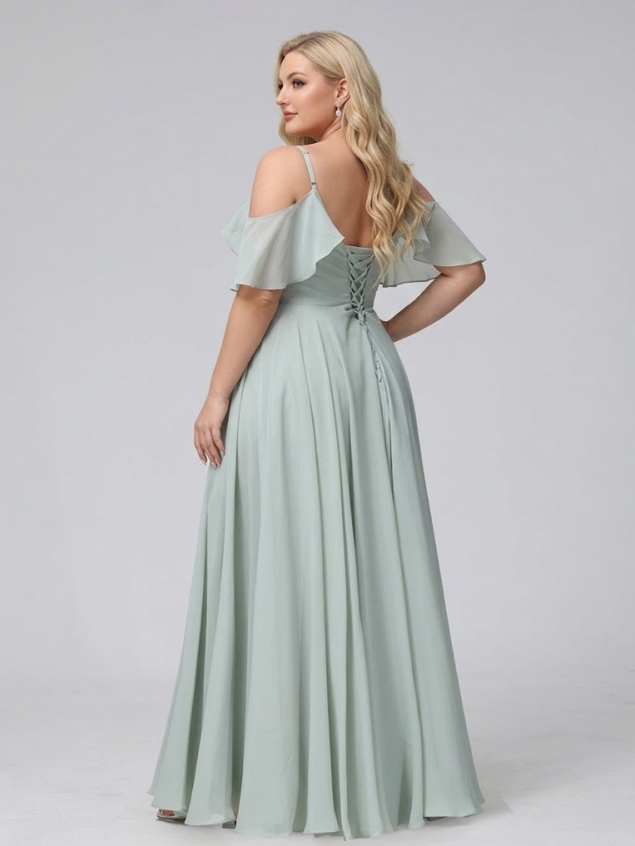 A-Line V-Neck Chiffon Long Plus Size Bridesmaid Dresses With Split Side &amp; Spaghetti Straps