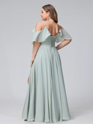 A-Line V-Neck Chiffon Long Plus Size Bridesmaid Dresses With Split Side & Spaghetti Straps