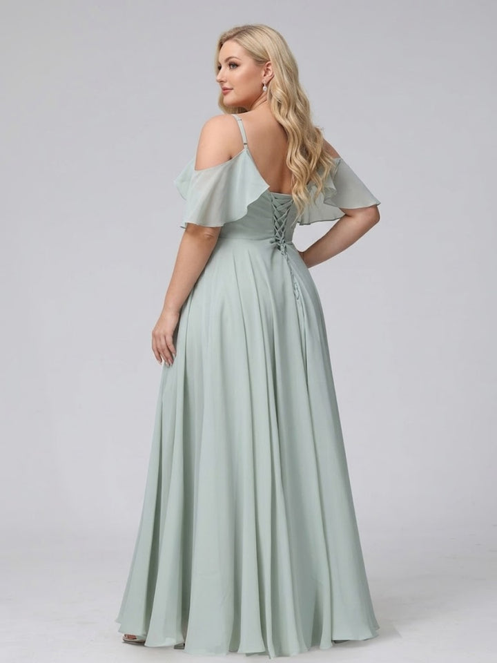 A-Line V-Neck Chiffon Long Plus Size Bridesmaid Dresses With Split Side &amp; Spaghetti Straps
