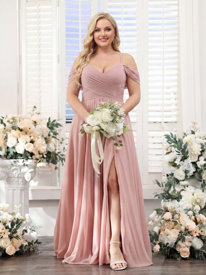 A-Line V-Neck Spaghetti Straps Split Side Floor-Length Chiffon Plus Size Bridesmaid Dresses